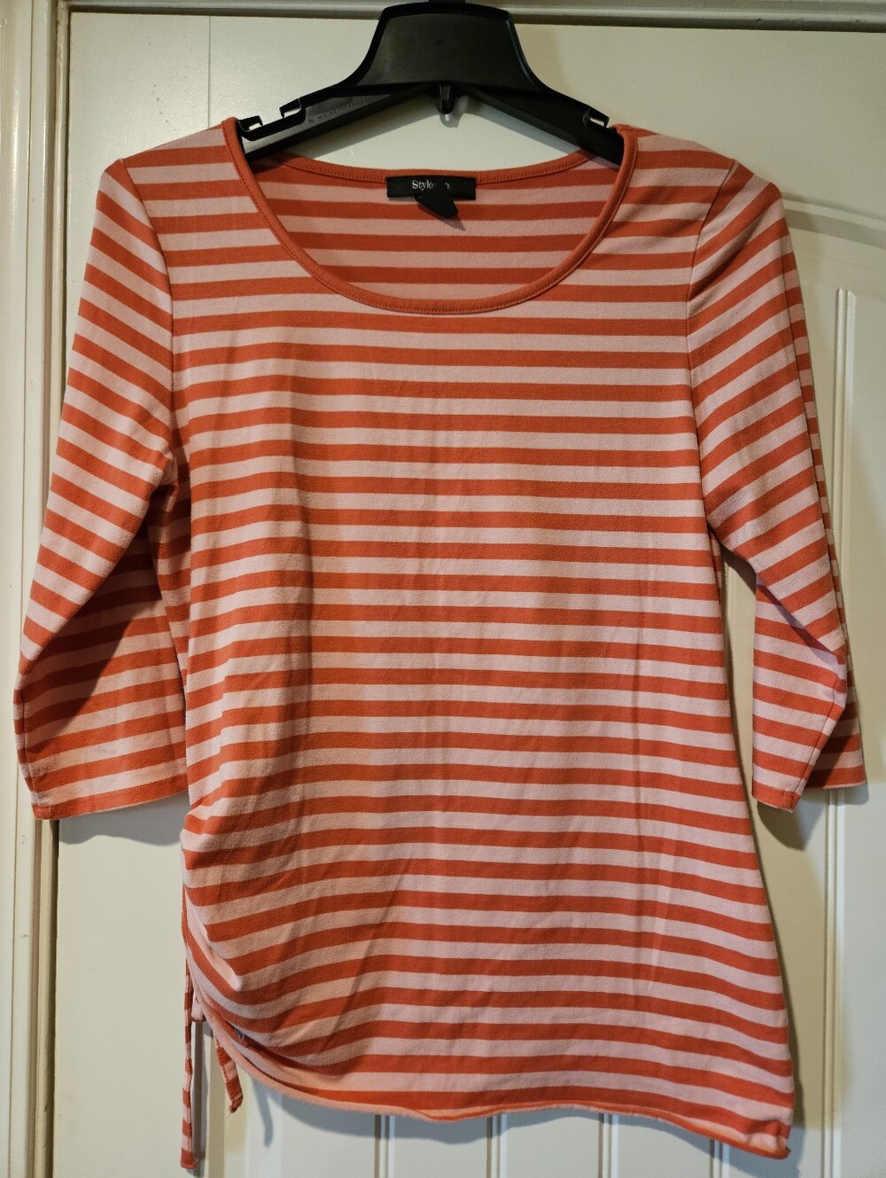 Coral and White Striped 3/4 Sleeve Tee